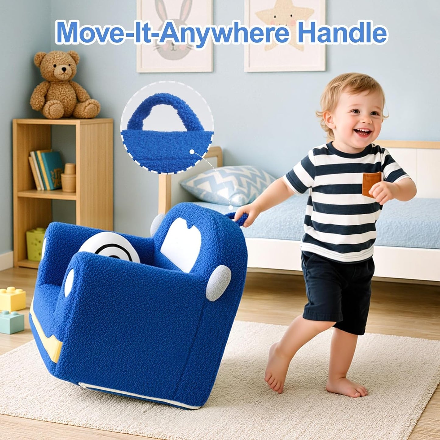 Toddler Chair for Ages 1–6, Soft Sherpa Kids Sofa with Book Pocket & Carry Handle, Comfy Single-Seat Couch for Playroom or Bedroom, Birthday Gift for Boys (Car)