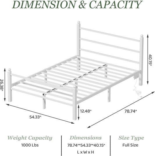 Full Size Bed Frame with Charging Station & LED Lights, Full Metal Platform Bed Frame with Headboard and Footboard, Storage Space under Bed, No Box Spring Needed, Noise Free, Easy Assembly, White