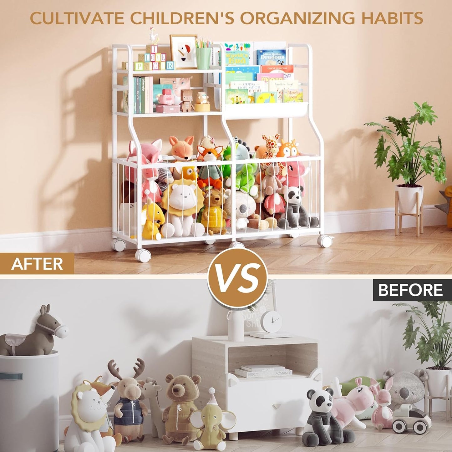 Stuffed Animal Storage Organizer - Rolling Kids Bookshelf and Toy Storage with 3 Tiered Book Display and Toy Chest - Rolling Furniture for Kids Room, Playroom, Bedroom, Nursery, White