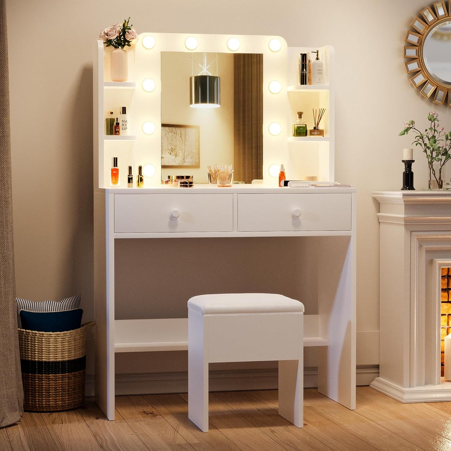 Vanity Desk with Lighted Mirror and Power Outlets, Makeup Vanity Set with Storage Drawer, Shelves and Chair, White Dressing Table with 3 Color Lighting Modes for Bedroom