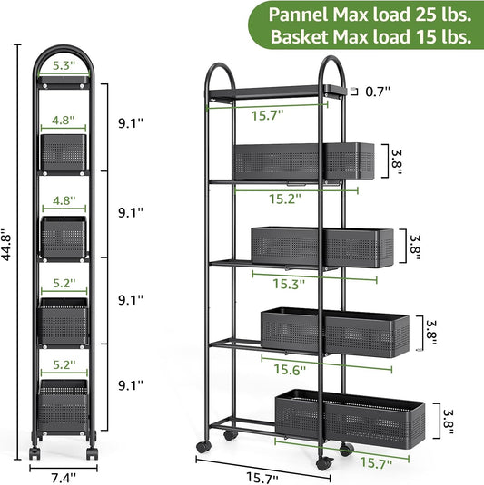 5-Tier Slim Storage Cart with Pull Out Basket, Rolling Bathroom Organizer Utility, Metal Shelving Unit Slide Out, Lockable Wheels, Easy Assembly for Narrow Place, Kitchen, Laundry Room, Black
