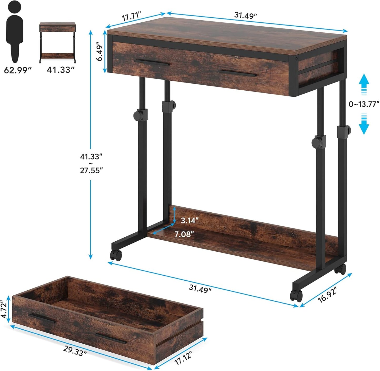 Portable Desk with Drawers, Mobile Laptop Desk with Wheels, Sofa Side Table Small Portable Standing Rolling Table for Home Office