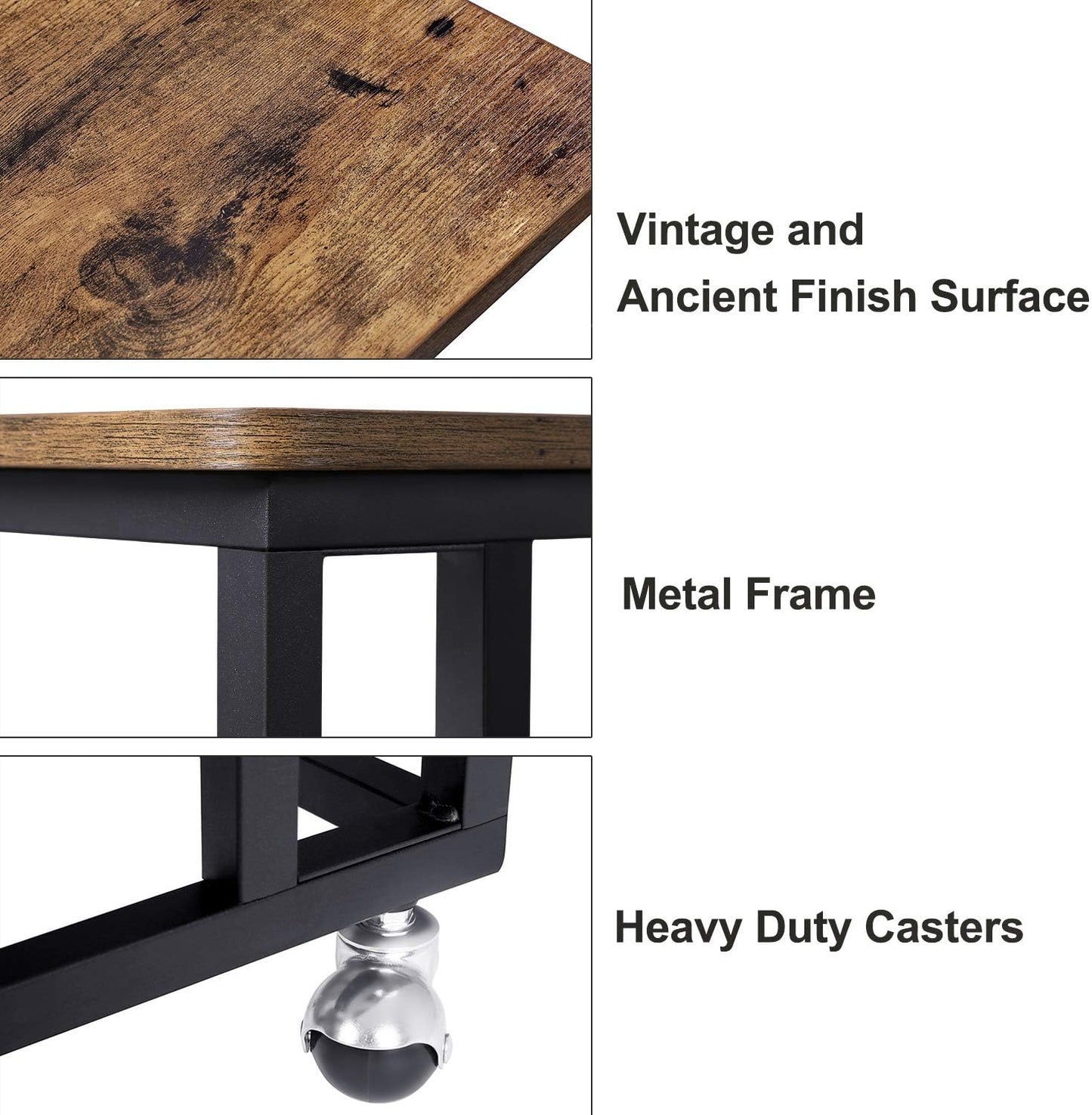 End Table, C Shaped TV Tray with Metal Frame Rolling Casters, Industrial Side Table for Living Room Bedroom, 19.7 X 13.8 X 23.6 Inches, Rustic Brown and Black