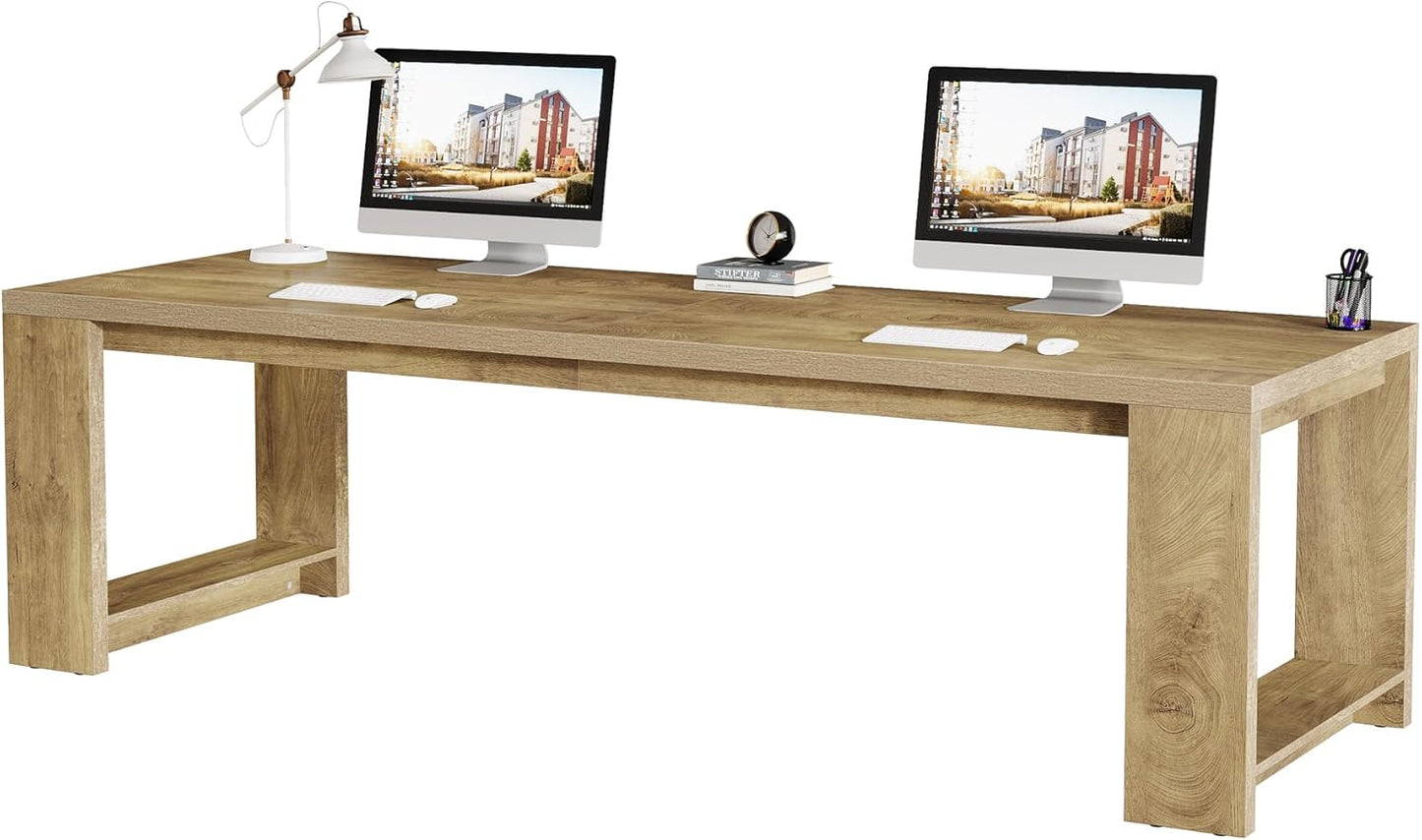 Two Person Desk, 86.6 Inches Extra Long Desk, Double Computer Writing Table, Wood Large Desks Workstation for Home Office, Natural Oak