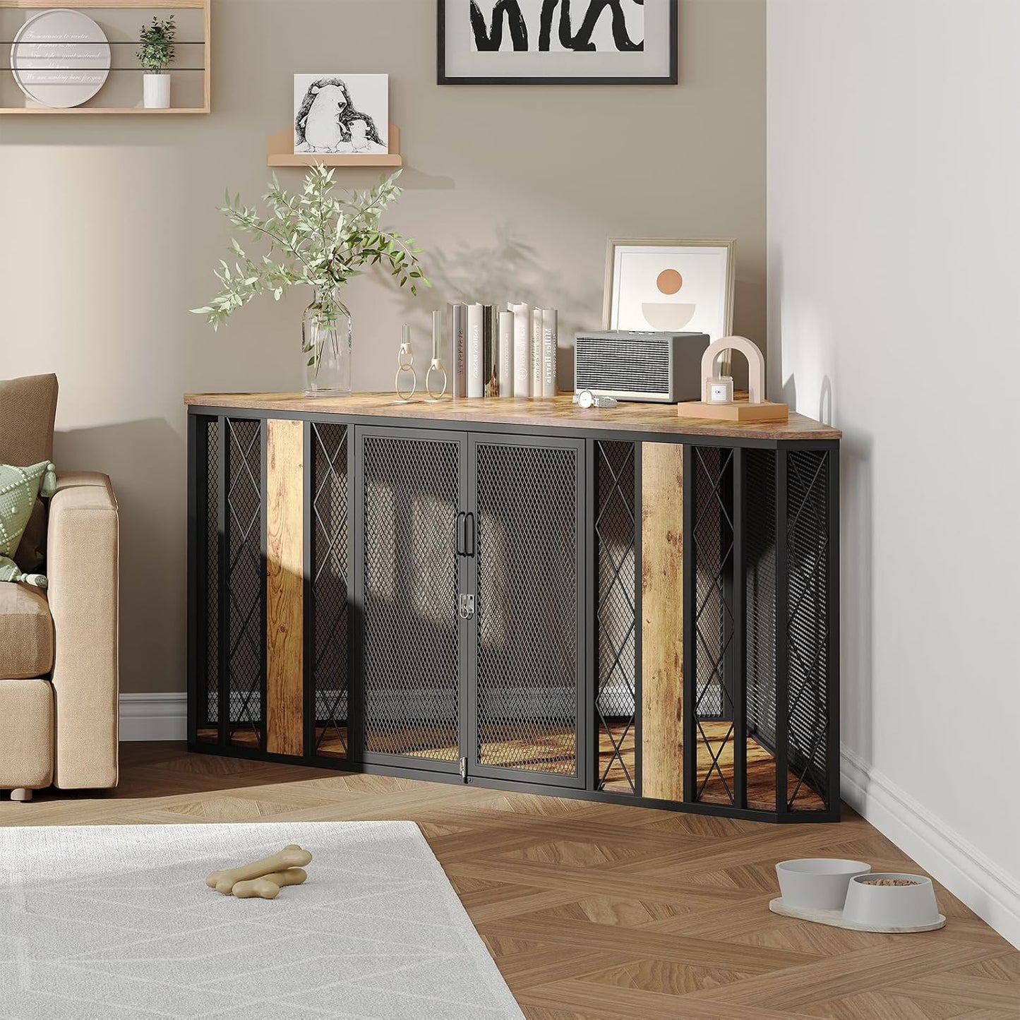 πππͺπππ¨π’ 67" XL Corner Dog Crate Furniture, Large Wooden Dog Kennel Furniture with 2 Doors, Decorative Dog Crate, Dog Kennel TV Stand End Table for Small to Large Dogs