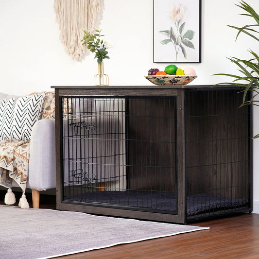Dog Crate Furniture with Cushion, Wooden Kennel Table with Double Doors, Indoor Dog House, Extra Large Size, 43.3" L, Dark Gray