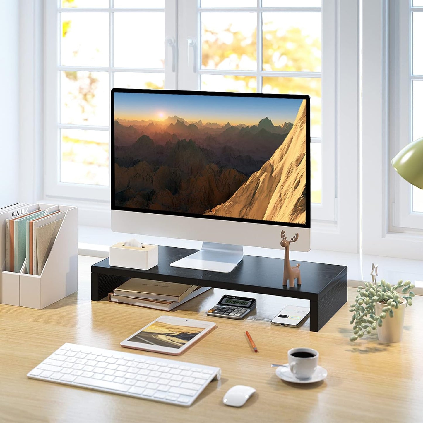 20 Inch Monitor Stand Riser, Black Desktop Stand for Pc/Tv/Laptop/Printer, Wood Monitor Riser with Storage, Computer Stand Keyboard Organizer