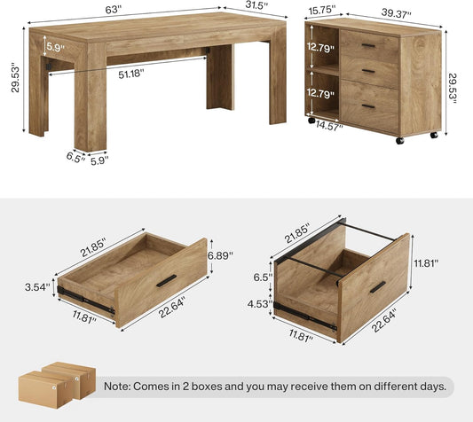 63" L Shaped Desk with Storage, Executive Office Desk with Mobile Lateral File Cabinet Combo, Large Computer Table with Drawers and Shelves, Business Furniture Set for Home Office, Brown