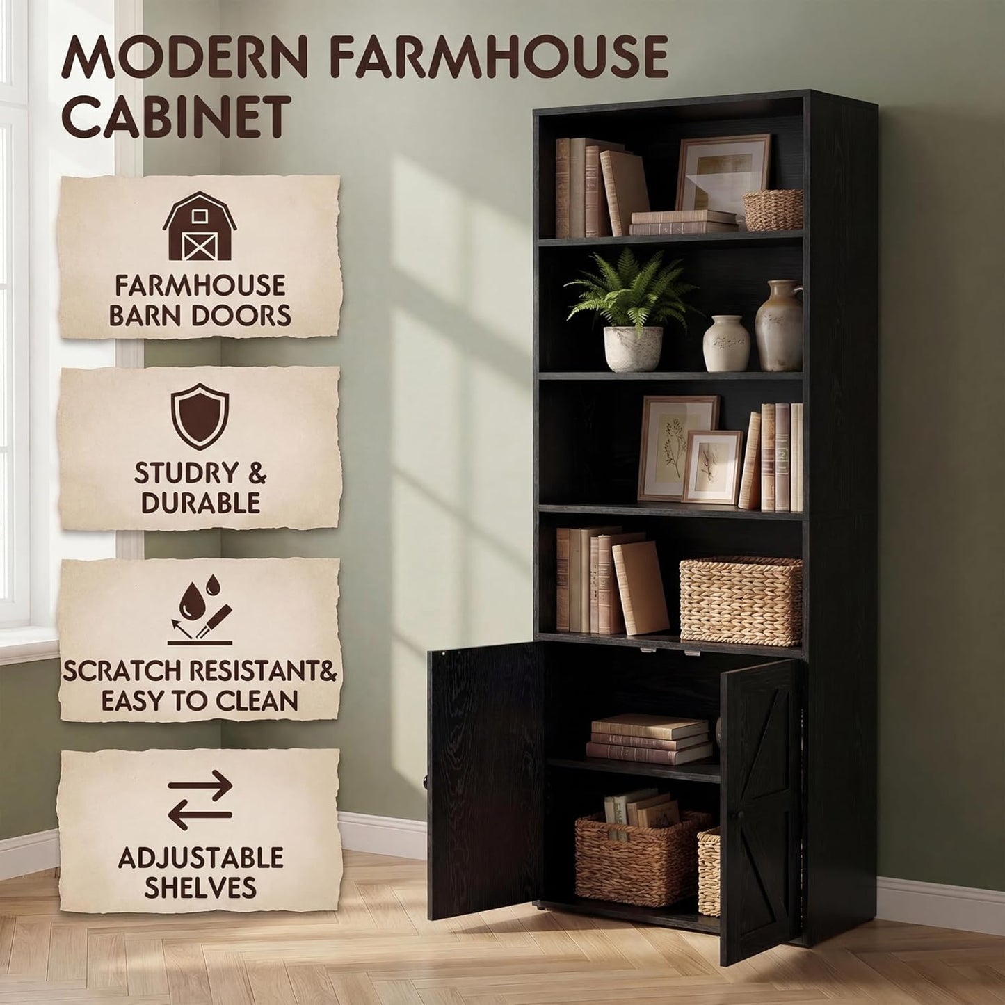 Farmhouse Bookshelf and Bookcase with Doors, Industrial Bookshelves and Bookcases Floor Standing Display 6-Tier Shelf Storage Shelves 71.5 Inchs for Home Office, Living Room, Black, 1 PCS