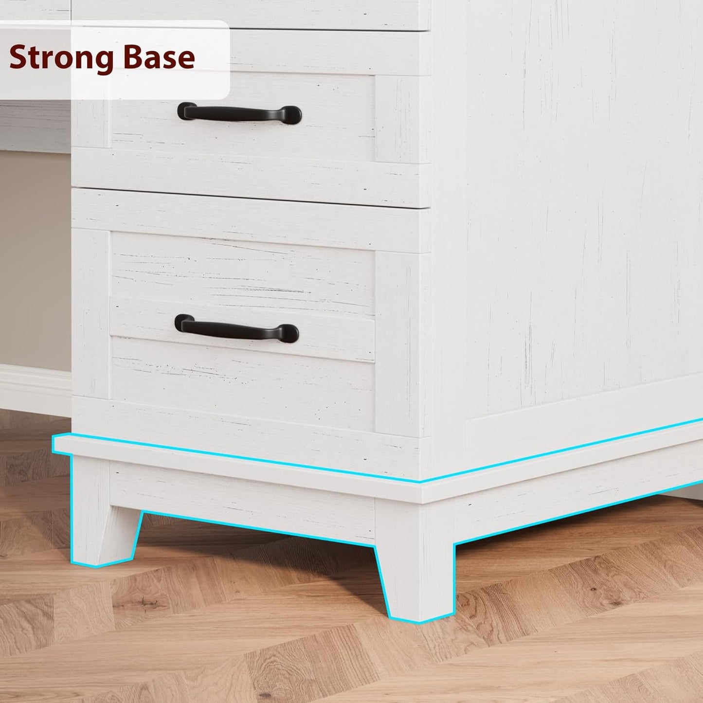 Rustic white farmhouse wooden desk with file drawers and power outlet, view 9