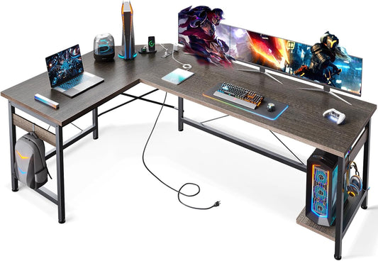 66" L Shaped Gaming Desk with Outlet, L Shaped Desk with CPU Stand, Corner Computer Desk, Home Office Desk, Writing Desk, Grey Oak