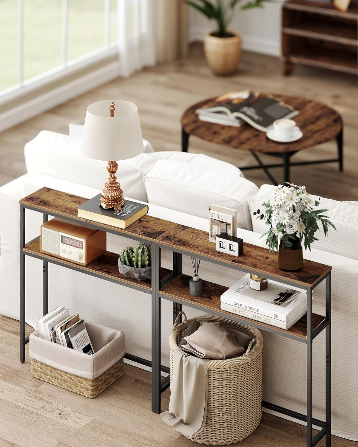 Console Table, 2-Tier Narrow Sofa Table with 2 Shelves, 7.9 X 31.5 X 31.5 Inches, for Living Room, Hallway, Entryway, Rustic Brown and Ink Black ULNT130K01V1