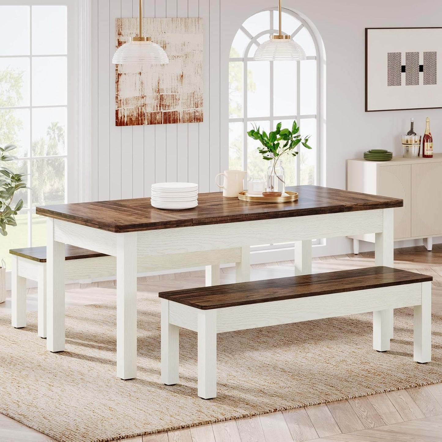 Farmhouse Kitchen Table Set for 4-6, 55-Inch Wooden Dining Table with 2 Benches, Space Saving 3 Pieces Heavy Duty Dinette for Dining Room, Kitchen, Small Space