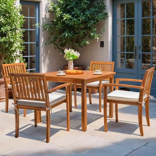 5 Piece Outdoor Dining Set Acacia Wood Patio Table and Chairs with Soft Cushions Patio Furniture for Deck, Backyard, Garden