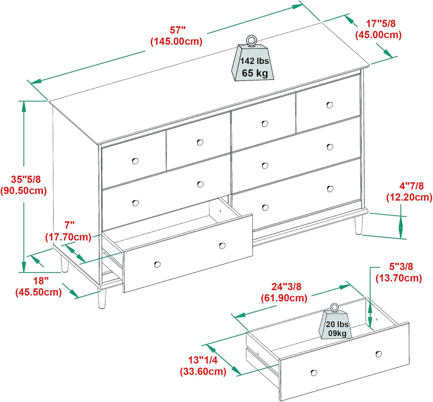 Modern 6-Drawer Solid Wood Dresser Bedroom Storage, 57 Inch, Walnut