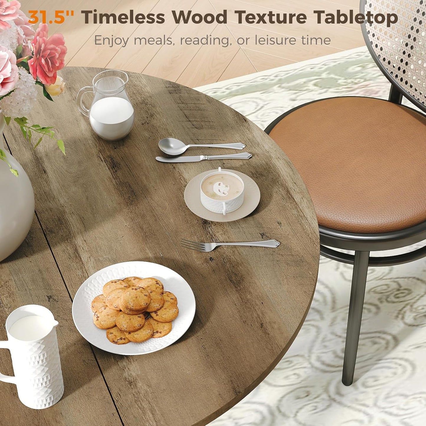 31.5" Small round Dining Table for 2-4, Space Saving Circle Kitchen Dinner Table, Industrial Mid Century Modern Dining Room Desk for Kitchen, Apartment, Natural Oak