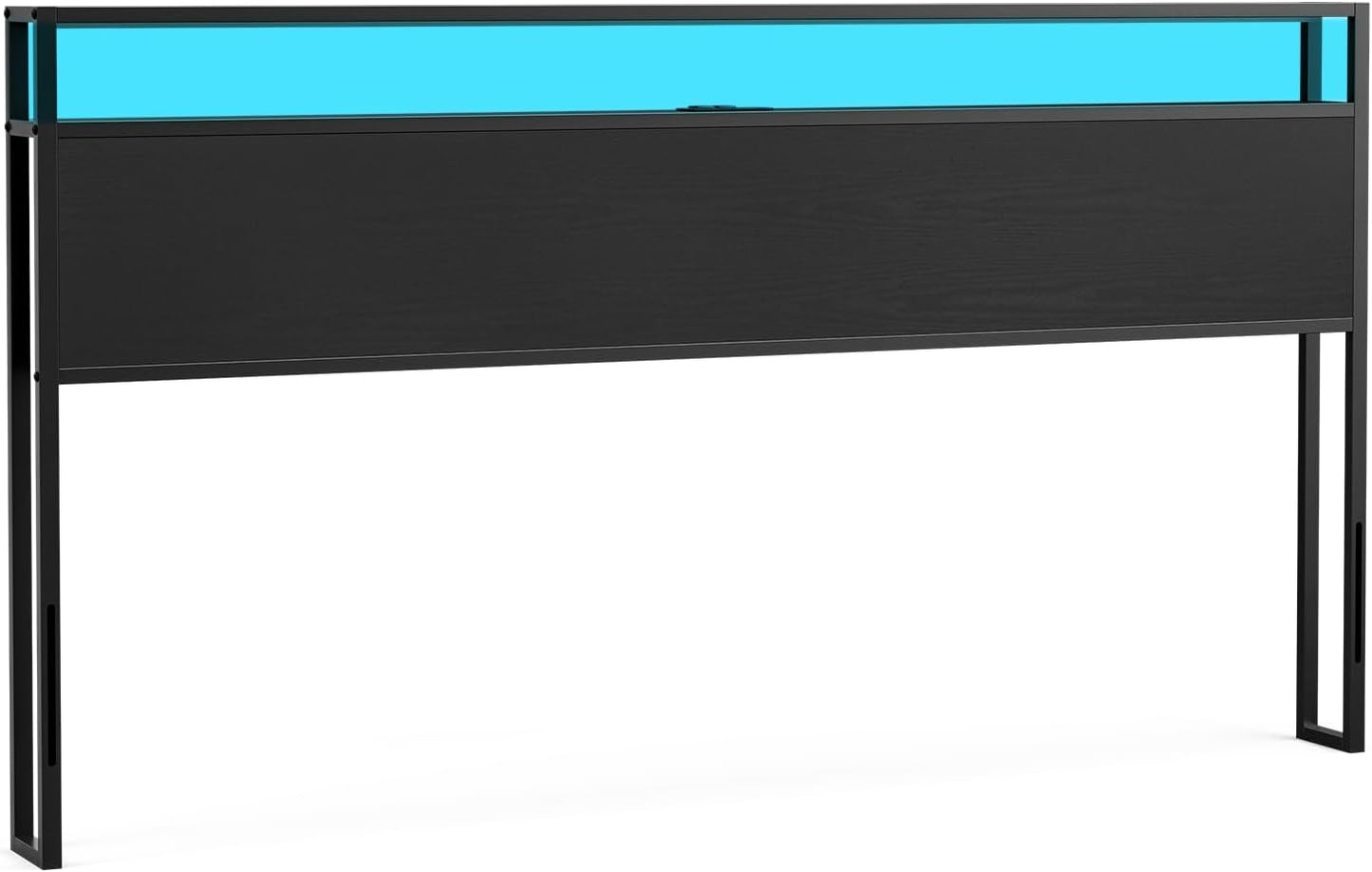 King Size Storage Headboard with LED Lights & Charging Station - Industrial Metal and Wood King Headboard Only for Bedroom, Attach Frame, Easy Assembly - Black