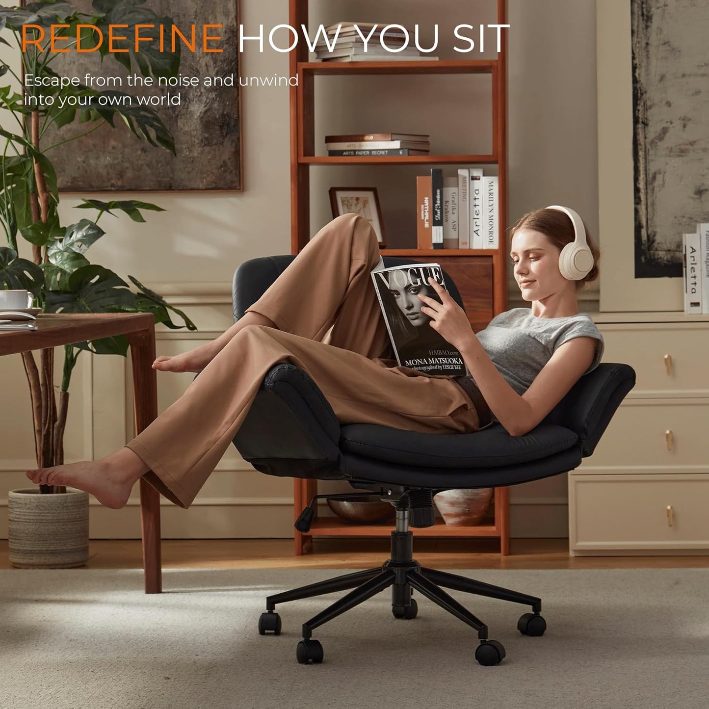 Criss Cross Chair with Five-Level Adjustable Arms and Wheels - Comfortable Ergonomic PU Leather Swivel Vanity Chair - Computer Makeup Gaming Chair for Home Office, Bedroom, Living Room (Black)