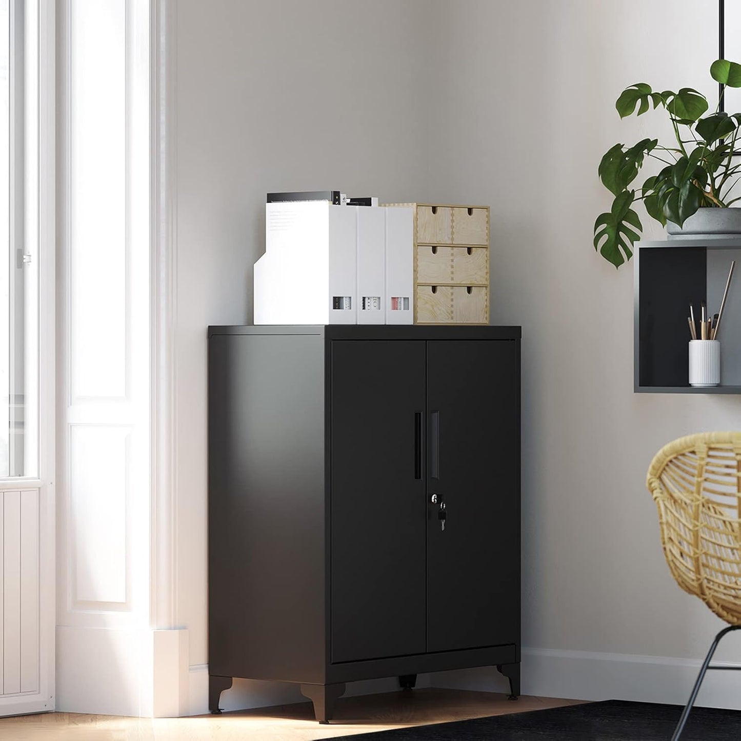Black metal garage storage cabinet with doors and shelves, view 10