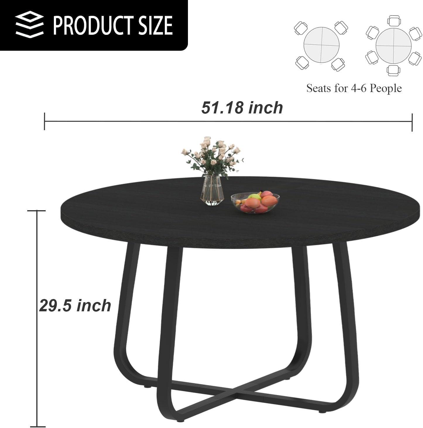 Black round Dining Table, Modern Wood Metal Kitchen Table, Industrial Small Dinner Room for 4 to 6 People, Circle Coffee Dining Room for Home Kitchen Living Room, Black Oak, 51 Inch