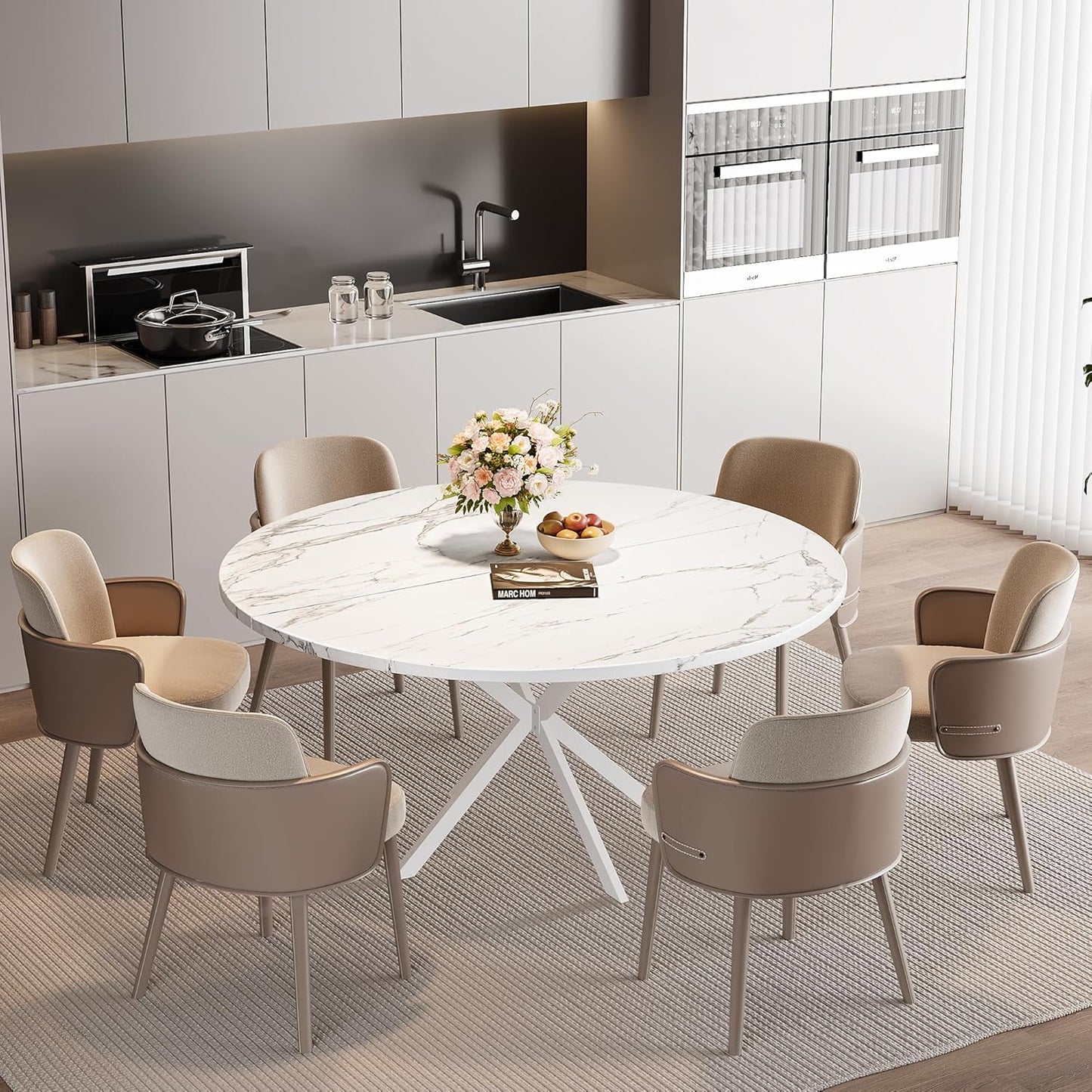 47.24" round Dining Table for 4-6 Person, round Kitchen Table with Wood Top, Circle Dinner Pedestal Tables with Metal Legs for Dining Room Kitchen (White Marble)