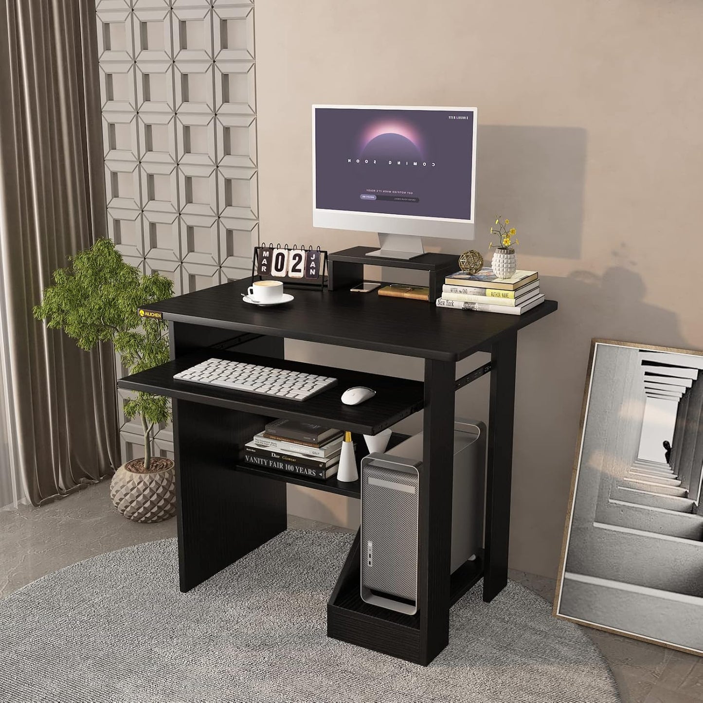 30 Inch Gaming Desk Computer Desk with Keyboard Tray Monitor Stand Storage Shelves CPU Stand, Industrial Small Desk for Small Spaces, Home Office Desk, Black
