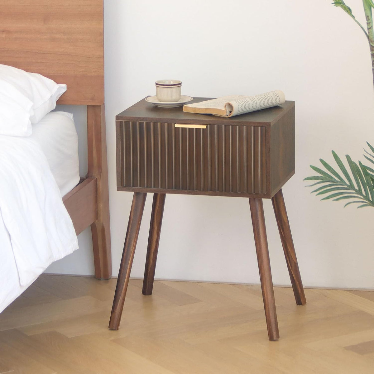 Rustic brown mid-century nightstand with drawer, view 7