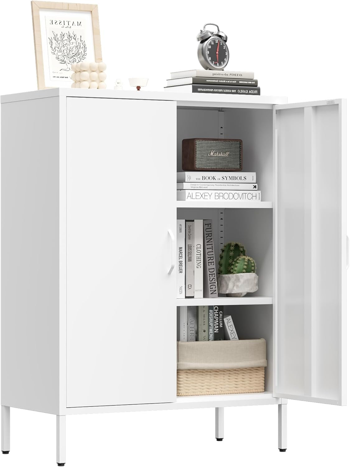 Metal Locker Storage Cabinet, Accent Sideboard Cabinet with Adjustable Shelves for Home Office, Garage, Kitchen, Living Room (White, 40" H-Metal Doors)