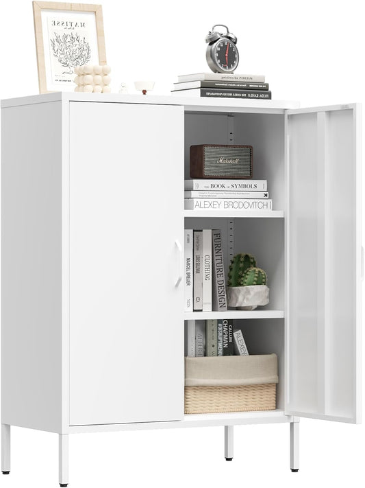Metal Locker Storage Cabinet, Accent Sideboard Cabinet with Adjustable Shelves for Home Office, Garage, Kitchen, Living Room (White, 40" H-Metal Doors)