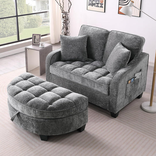 Oversized Curved Chaise Lounge Chair Indoor with Ottoman, 54.8" Cloud Boneless Reading Chair Soft Chenille Circle Couch for Living Room, Apartroom, Bedroom, Grey