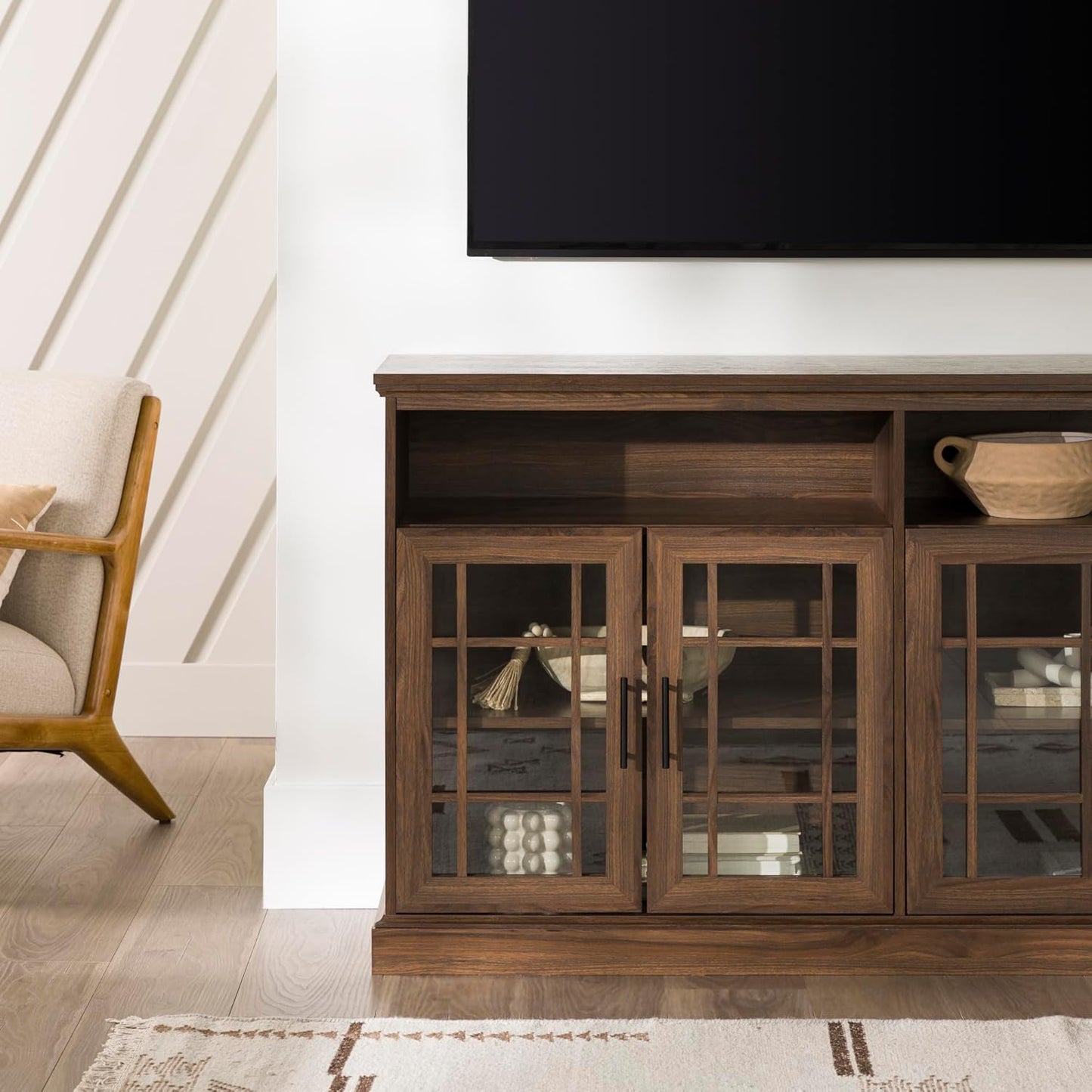 Classic Glass Door Universal TV Stand for Tv'S up to 64" Flat Screen Living Room Storage Cabinet Doors and Shelves Entertainment Center, 16"D X 58"W X 33"H, Dark Walnut