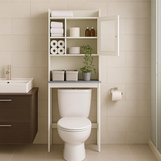 Over Toilet Space Saver Cabinet – Bathroom Organizer with Enclosed Door, Open Storage & Marble-Look Shelf (White)