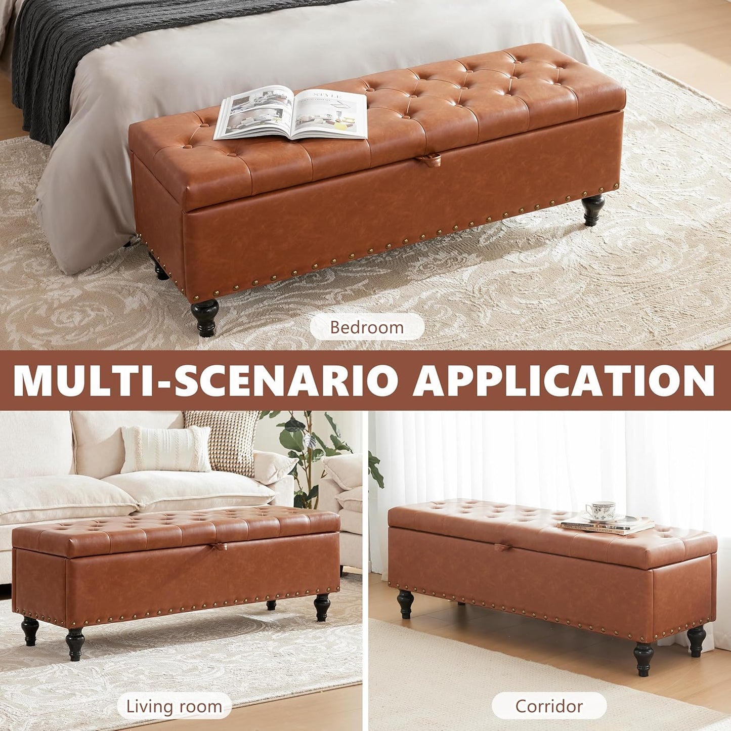 51.8’’ Storage Ottoman Bench, Faux Leather Ottoman with Storages, Window Benches Holds up to 330Lbs, Upholstered Storage Bench for Bedroom, Living Room, Entryway and Family Room, Light Gray
