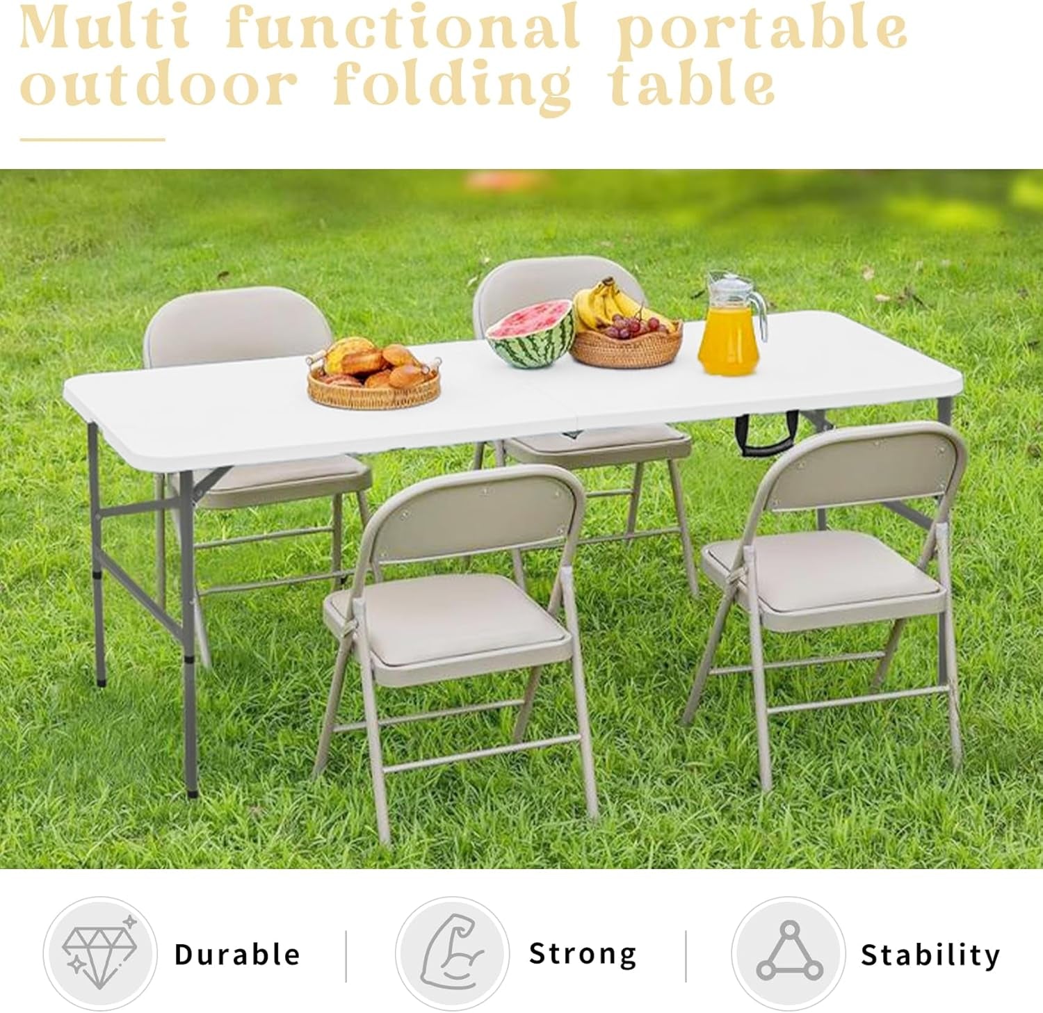 Folding Table 4FT Camping Table Portable Heavy Duty Plastic Rectangular Outdoor Dining Table Steel Legs Fold-In-Half with Carrying Handle for Indoor,Picnic,Party,Wedding,Events(White)
