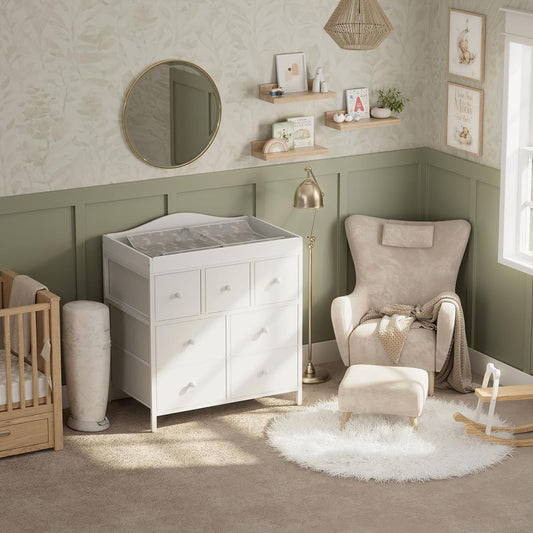 Changing Table Dresser with Storage, Baby Dresser with Changing Table Top Diaper Changing Station with 7 Fabric Drawers for Nursery Modern