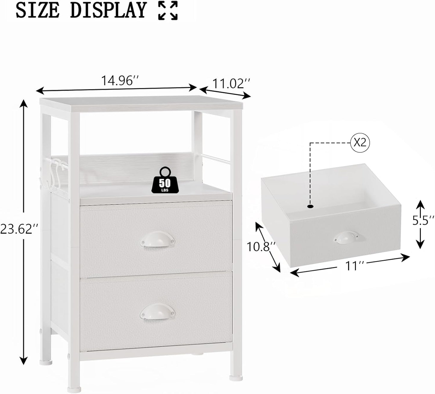 Nightstands Set of 2, End Table with 2 Fabric Drawers, Night Stand with 2 Hooks, Open Wood Shelf Bedside Table for Bedroom/Living Room/White