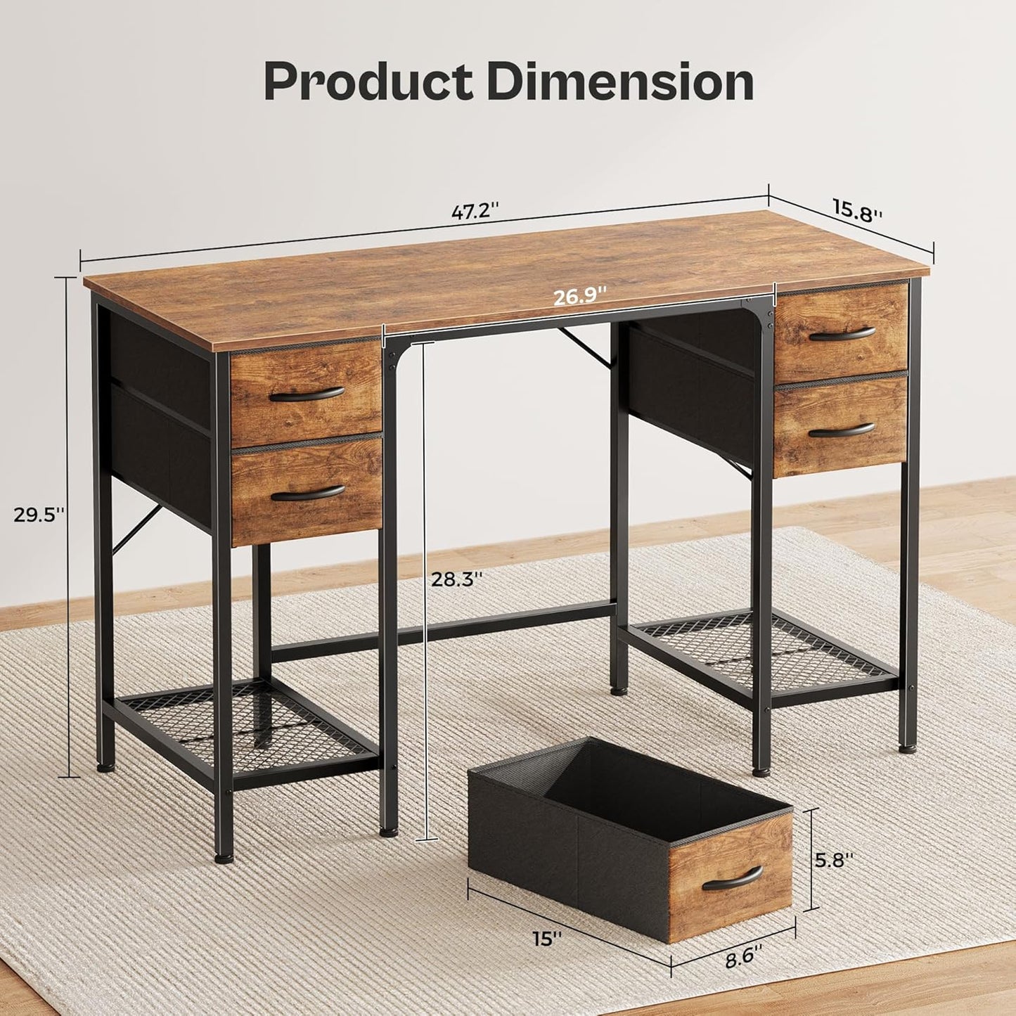 47 Inch Computer Desk with 4 Drawers, Office Desk with Mesh Shelf, Gaming Desk, Large Storage, Writing Work Desk for Home Office, Study, Bedroom, Work from Home, Rustic Brown