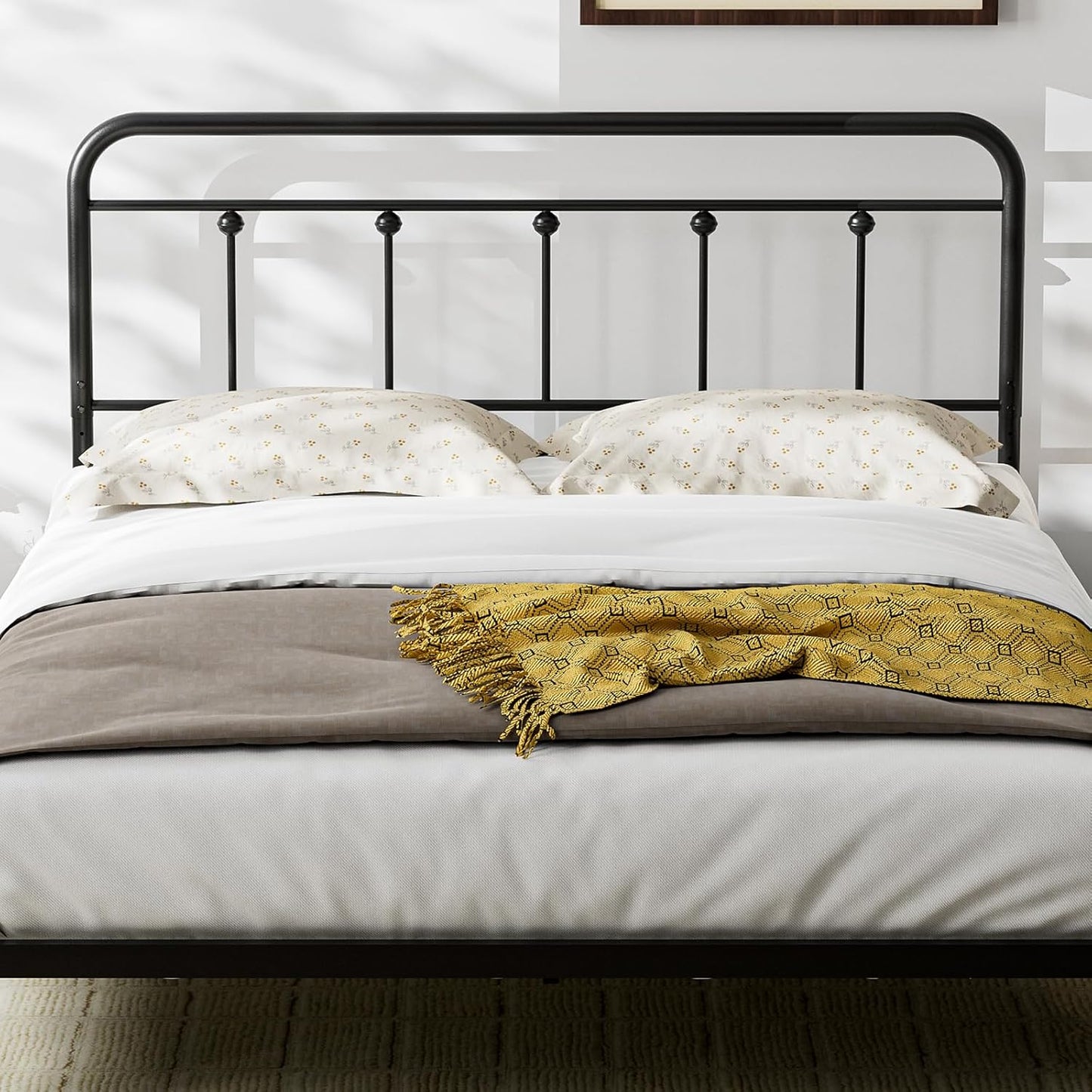 Queen Size Headboard with Black Metal Construction, Adjustable Height, Sturdy Farmhouse Wrought Iron Headboards Only