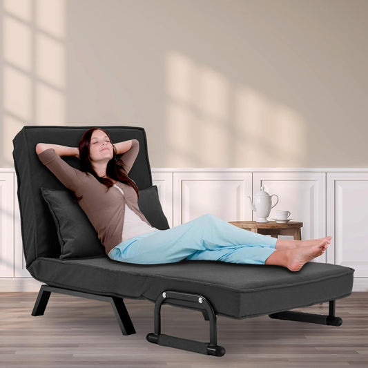 Convertible Bed Sleeper Chair,Tri-Fold Upholstered Armchair Sleeper with Pillow,Folding Leisure Chaise Lounge Couch,6 Angle Adjustable Backrest Single Lazy Bed for Office (Dark Gray, Regular)