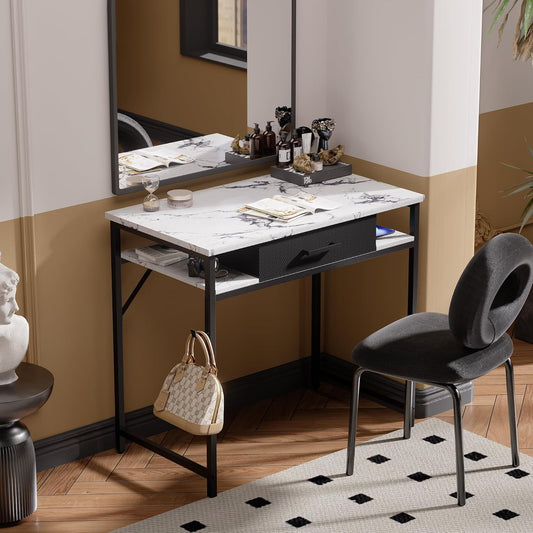 32 Inch Small Computer Desk with Drawer and Shelves Simple Study Work Table for Bedroom Marble