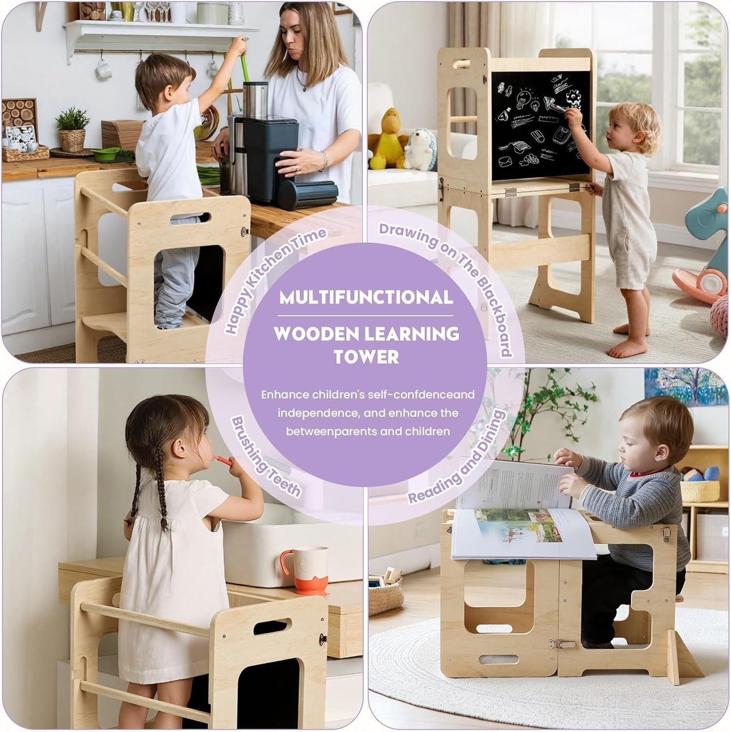 Toddler Standing Tower for 12M+, Montessori Foldable Learning Standing Tower with Blackboard, Anti-Tip Structure Design,Wooden Kitchen Step Helper Stool for 1-3 Year Old Boy Girl Gift
