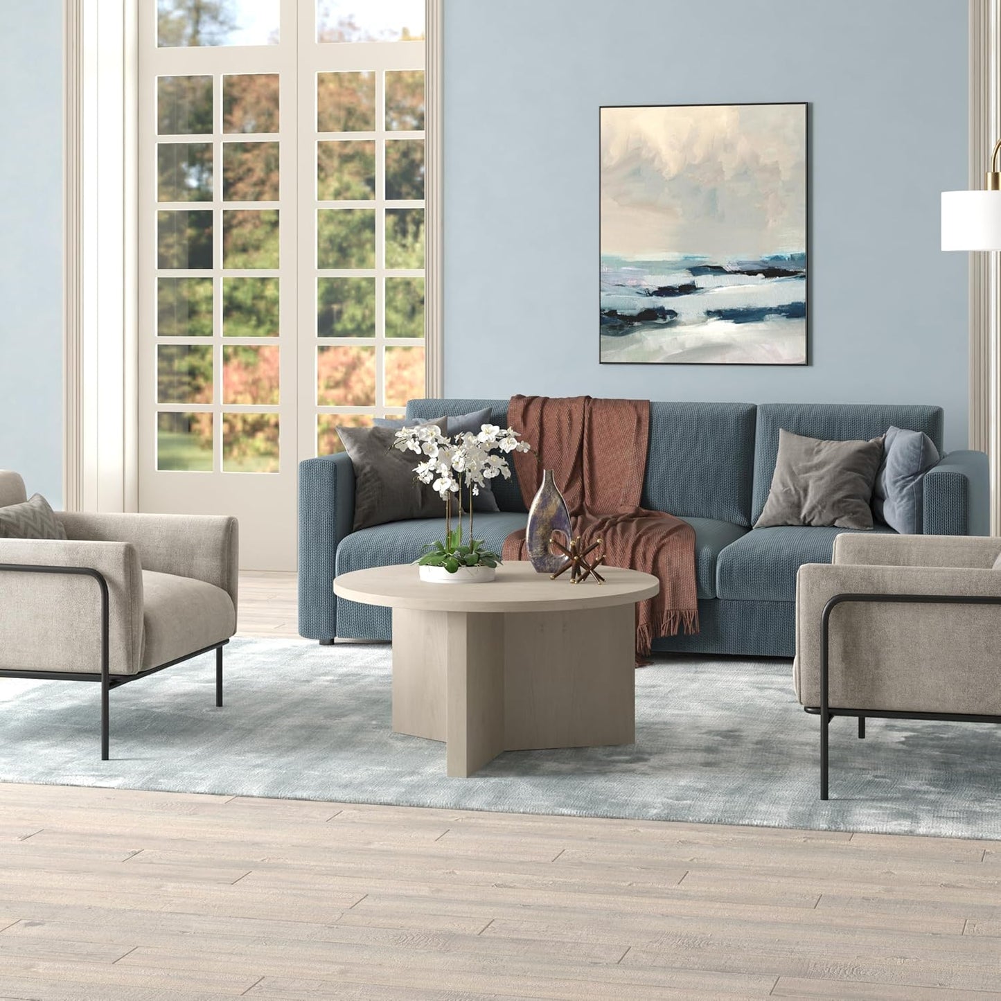 32" round Wood Pedestal Coffee Table for Living Room, Family Room, Office, or Apartment, Alder White