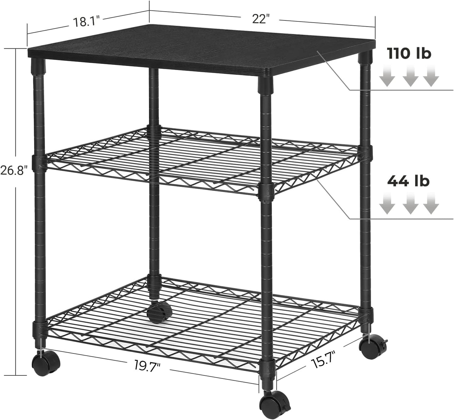 3 Tier Wide Printer Stand, Printer Table with Wheels, Rolling Printer Cart, Printer Desk with Metal Frame for Home Office, 22 X 18.1 X 26.8 Inches, Black ULGR32BK