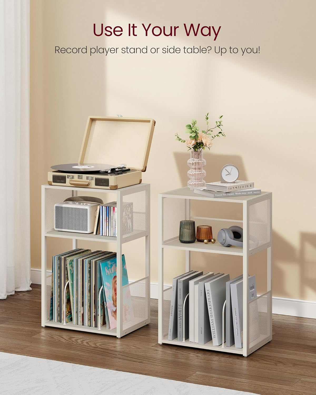 Record Player Stand, 3-Tier Side Table, Vinyl Record Storage up to 100 Albums, End Table for Living Room, Bedroom, Rustic White ULET275W01