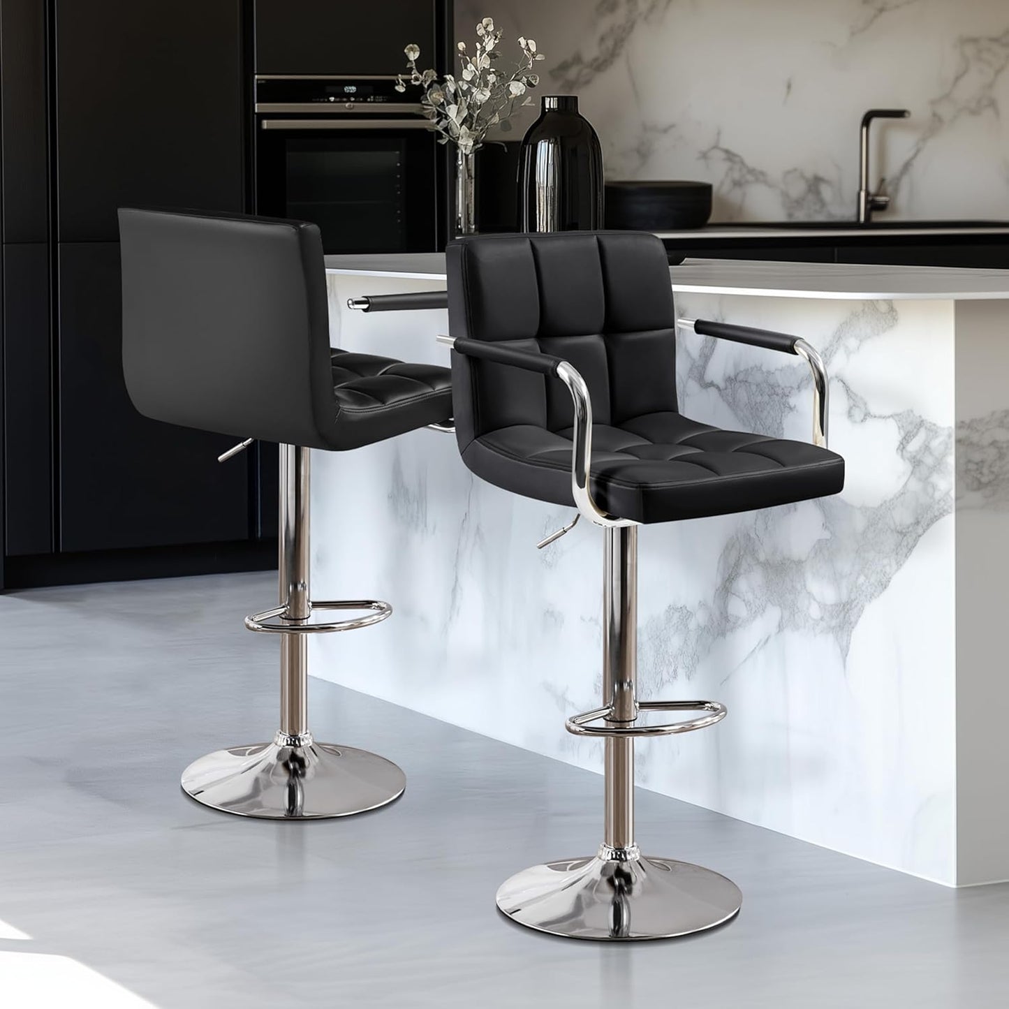 Bar Stools Set of 2, PU Leather Adjustable Swivel Barstools, Hydraulic Kitchen Counter Height Bar Chairs with Armrest and Back for Kitchen, Dining Room, Black