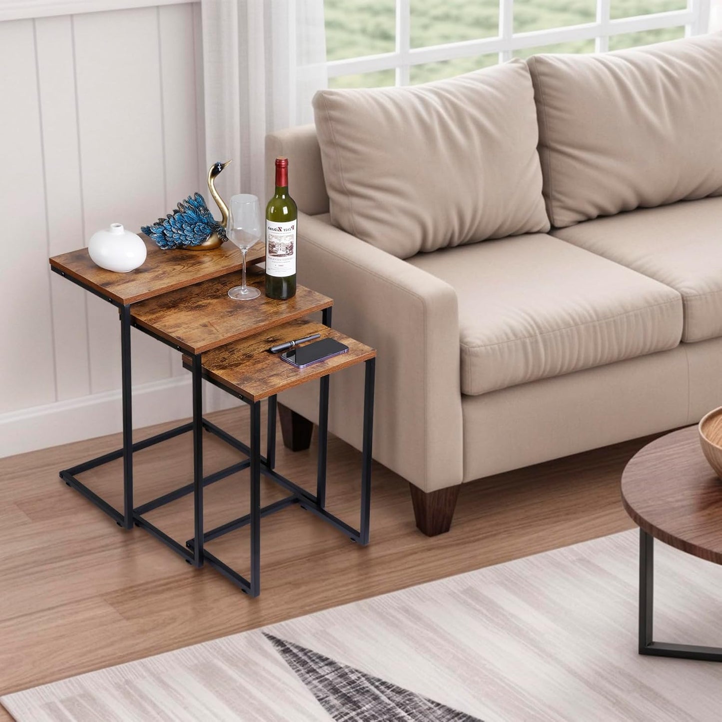 Nesting Tables Set of 3, Industrial C Shaped End Table Stackable Coffee Table Heavy Duty Metal Frame for Small Space, Living Room, Bedroom, Side Table Tray for Laptop Snack, Rustic Brown