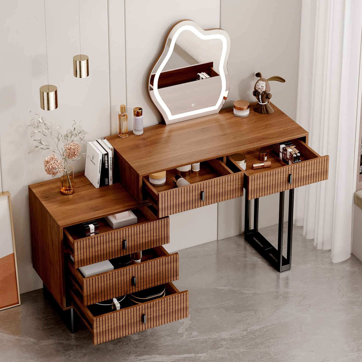 Brown Vanity Desk with Mirror and Lights,Small Makeup Vanity with 5 Drawers,Modern Makeup Table with Adjustable Cabinet for Bedroom,Makeup Room