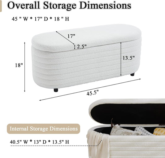 Storage Teddy Ottoman Bench Upholstered Fabric Storage Bench End of Bed Stool with Safety Hinge for Bedroom, Living Room, Entryway, Closet(45.5", White)