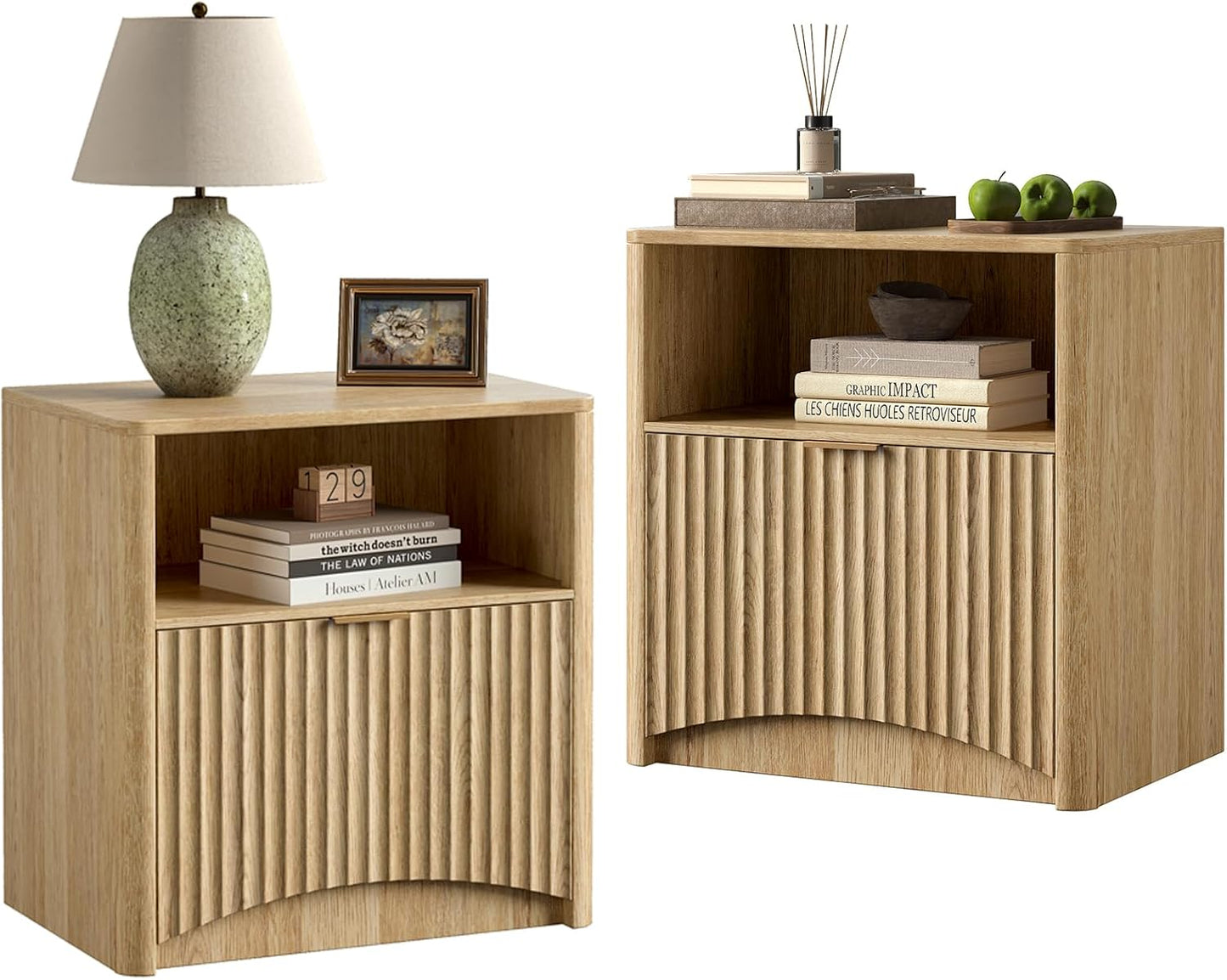 Fluted Nightstand Set of 2, Natural Oak Bedside Table with Drawer and Storage, Wood End Table Mid Century Modern, Large Night Stand for Bedroom