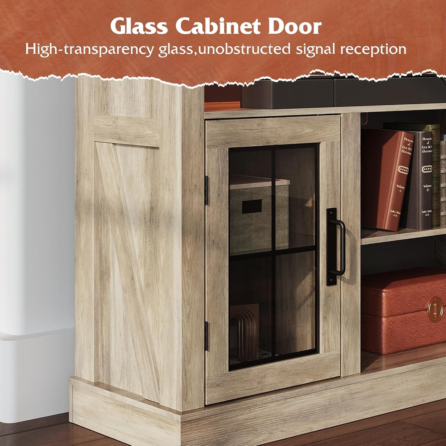 Farmhouse TV Stand for 65 Inch TV, Tall Entertainment Center with LED Lights & Storage Cabinets, TV Media Console Table with Adjustable Shelf for Living Room, Bedroom, Home Theater, Gray Oak